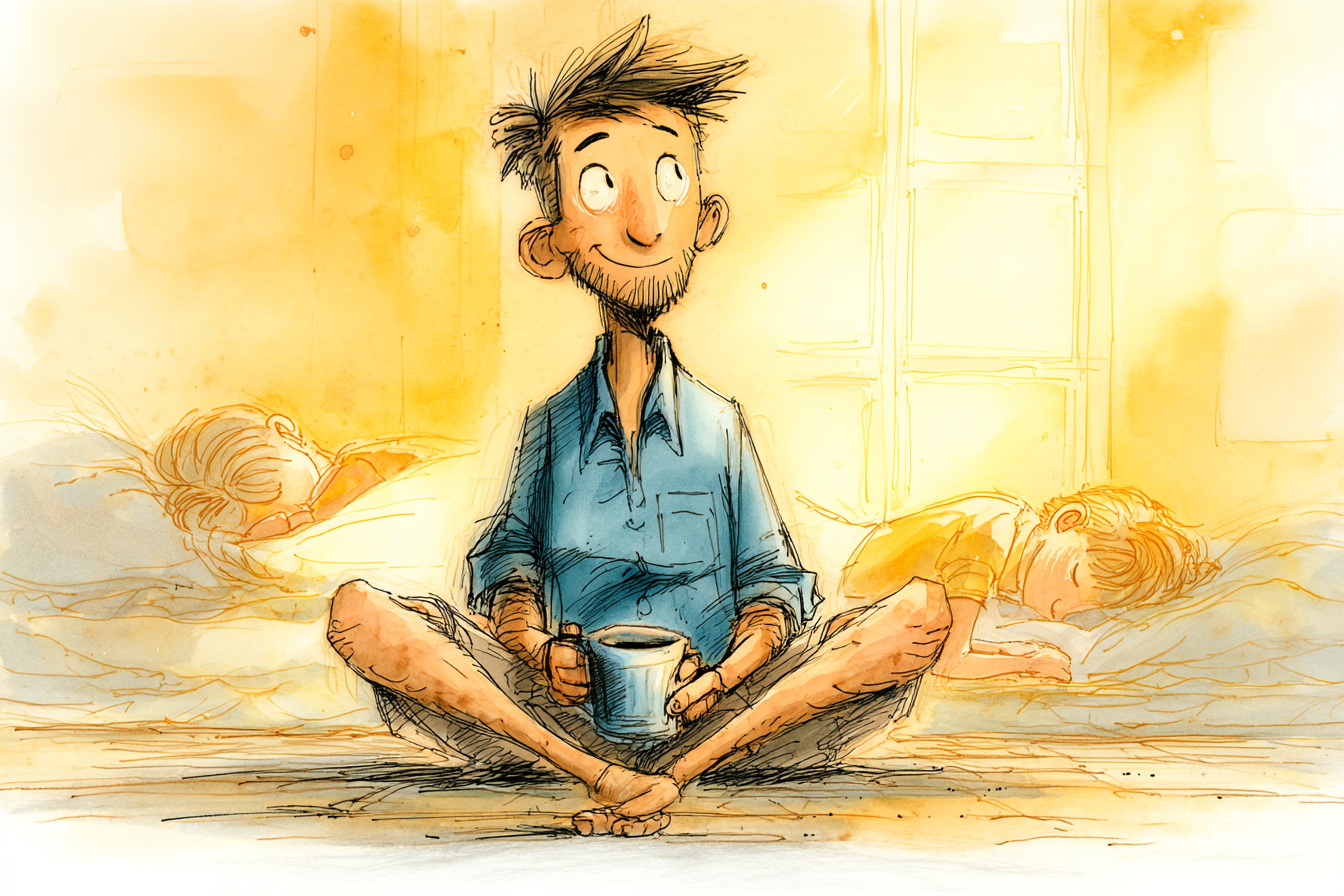 A father sits cross-legged with a coffee cup as his wife and daughter sleep beside him in warm morning light