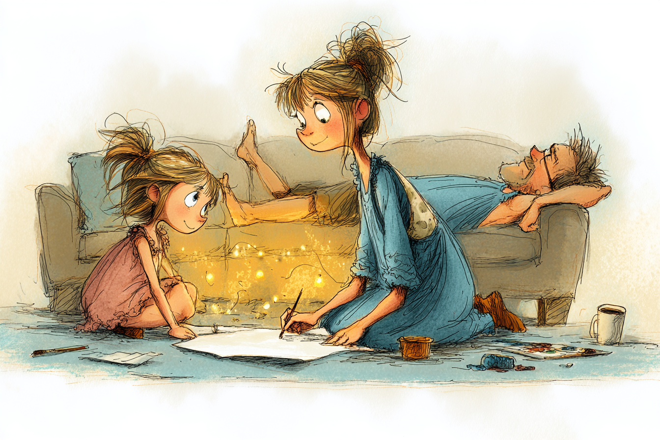Mom and Charli painting together in warm lamplight while Dad sleeps in the background