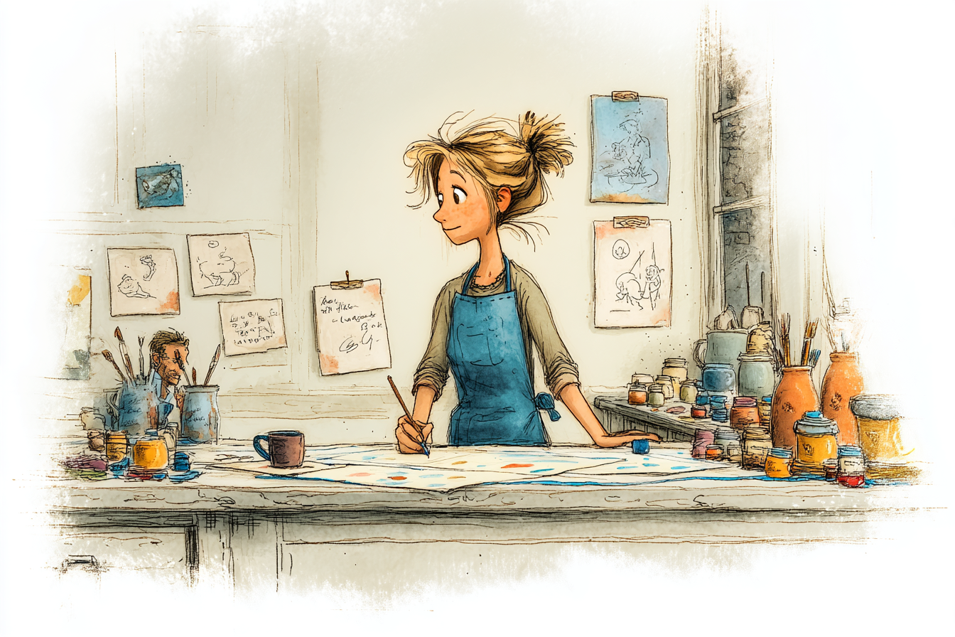 Mom in her studio, deep in a project, paint on her apron — illustration from The Most Interesting People I Know